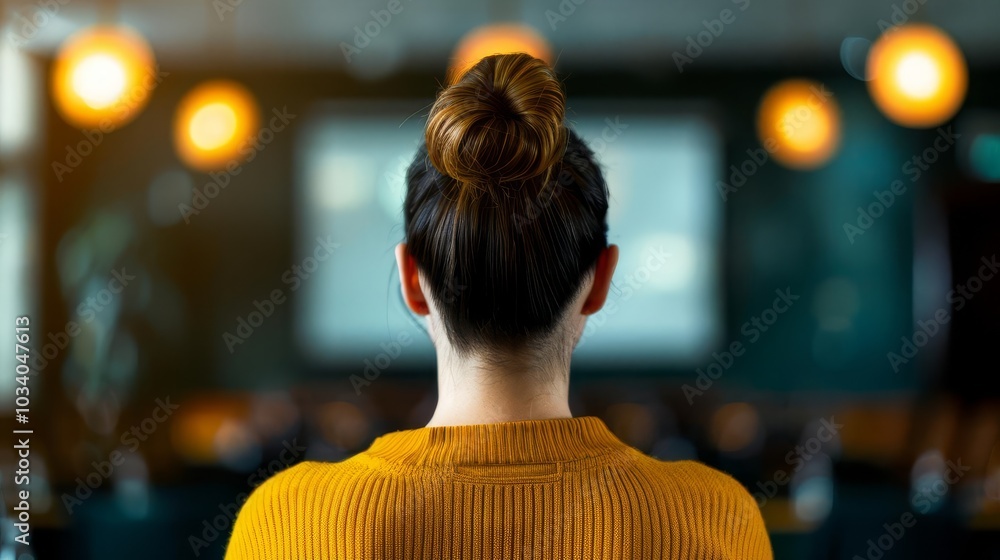 Rear view of a woman sitting in a conference room, listening to a presentation.