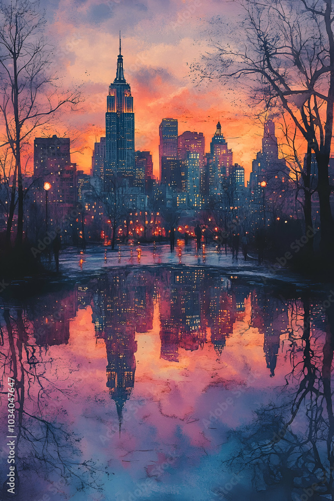 Naklejka premium A vibrant sunset casts reflections of skyscrapers in a serene body of water, framed by bare trees, creating a picturesque urban landscape.