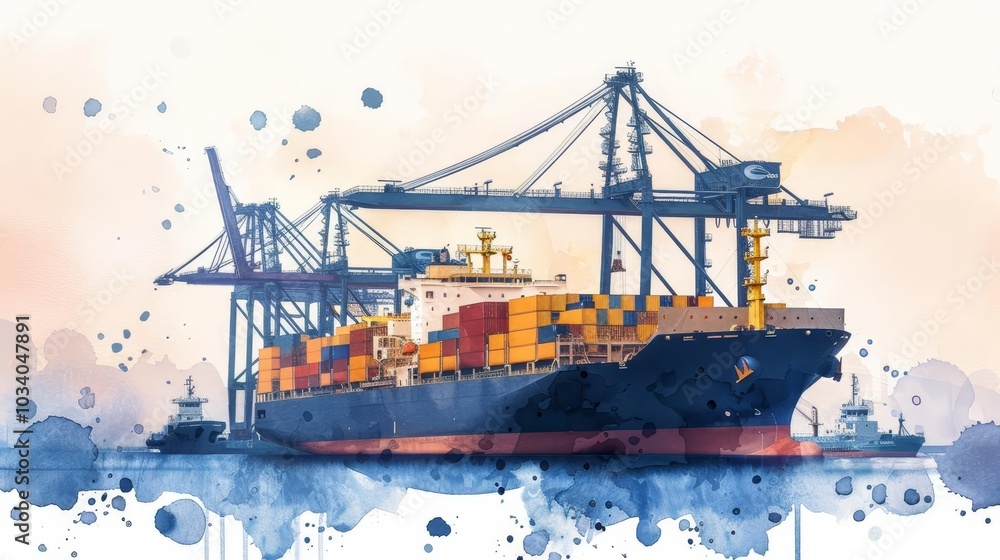 Obraz premium Watercolor painting of a cargo ship at a harbor with cranes.
