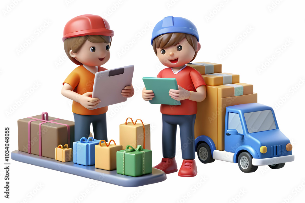 Kids Coordinating Toy Deliveries: Two Diligent Children Using Charts and Toy Trucks to Showcase Planning and Logistics Skills in a Candid Photo Stock Scene on a Plain Background Kids Coordinating Toy Deliveries: Two Diligent Children Using Charts and Toy Trucks to Showcase Planning and Logistics Skills in a Candid Photo Stock Scene on a Plain Background