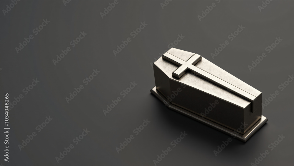 A small coffin with a cross on top sits against a dark background, symbolizing death, the afterlife, and gothic themes, ideal for Halloween or horror settings. A small coffin with a cross on top sits against a dark background, symbolizing death, the afterlife, and gothic themes, ideal for Halloween or horror settings.