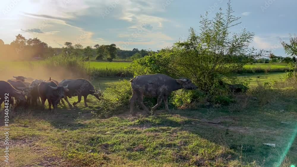 A herd of buffalo is traveling, Group of Thai buffalo running, Herd of buffalo walk dawn from slope in evening light A herd of buffalo is traveling, Group of Thai buffalo running, Herd of buffalo walk dawn from slope in evening light
