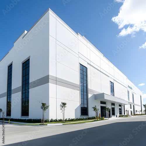 Modern White Warehouse Building with Large Windows and a Paved Parking Lot