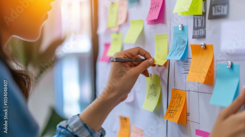 Managers coordinating development strategies by arranging sticky notes on a board in a collaborative workspace during the daytime