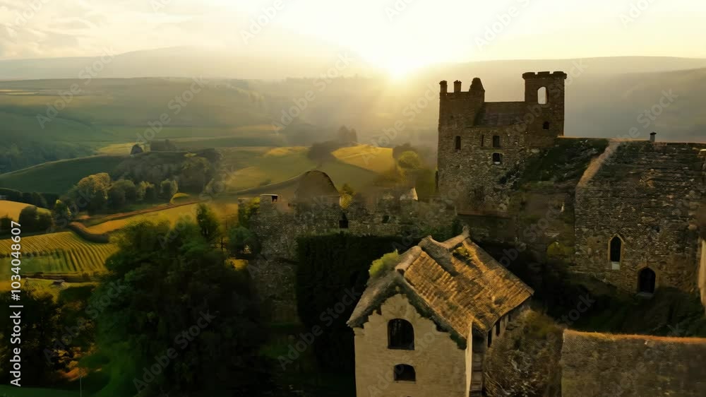 Aerial View of a Picturesque Medieval Castle and Village in a Tranquil Valley, Showcasing Historic Stone Houses and Green Fields Aerial View of a Picturesque Medieval Castle and Village in a Tranquil Valley, Showcasing Historic Stone Houses and Green Fields