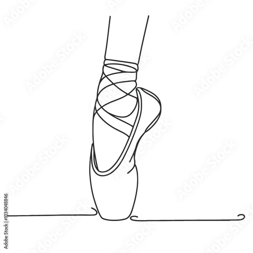 A ballet dancer's pointe shoe with a ribbon tied to the toe. The shoe is drawn in black and white, emphasizing the form and structure of the shoe. The ribbon adds a touch of elegance