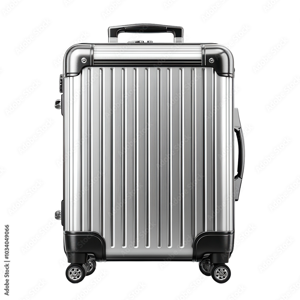 Fototapeta premium Modern silver hard shell suitcase with wheels, ribbed aluminum luggage case, travel baggage icon for tourism isolated PNG with Transparent Background