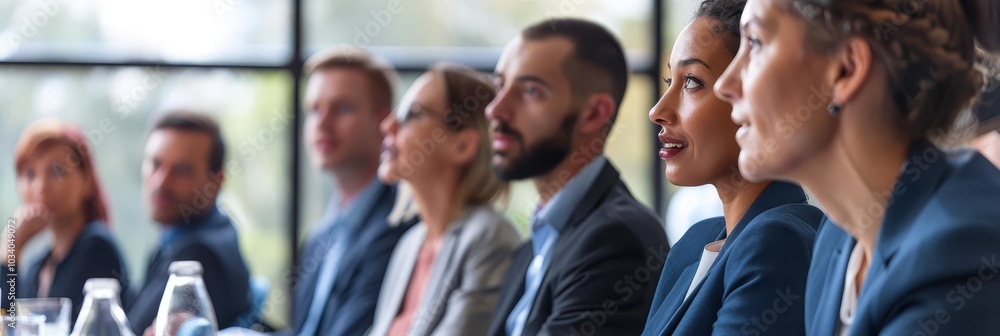 Obraz premium Attentive businesspeople listen to a presentation during a conference.