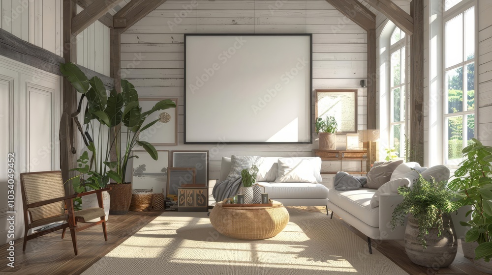 Rustic living room with large empty picture frame on the wall, perfect for design mockups. Rustic living room with large empty picture frame on the wall, perfect for design mockups.