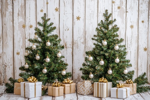 Low-angle Christmas backdrop with stars, presents, golden lights, and boho-draped green trees against a white wooden wall, dark vintage style.