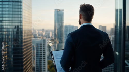 A businessman in formal attire stands by a large window overlooking a city skyline, holding a clipboard and contemplating the view.