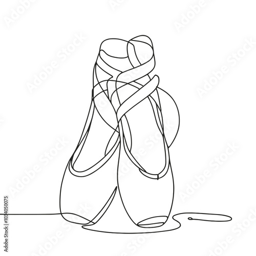 Two ballet slippers are drawn in black and white. The slippers are tied together and are placed on a white background. Concept of elegance and grace