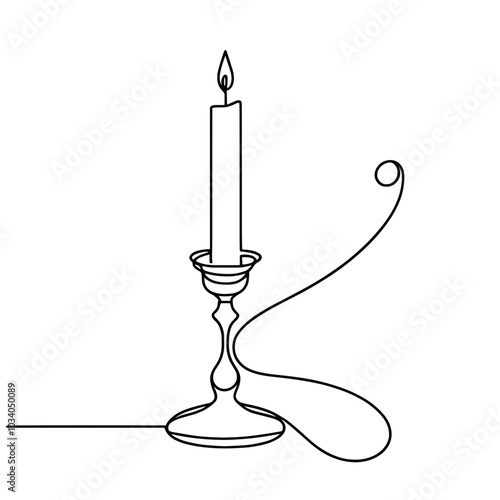 A candle is lit in a candle holder. The candle is white and the holder is silver