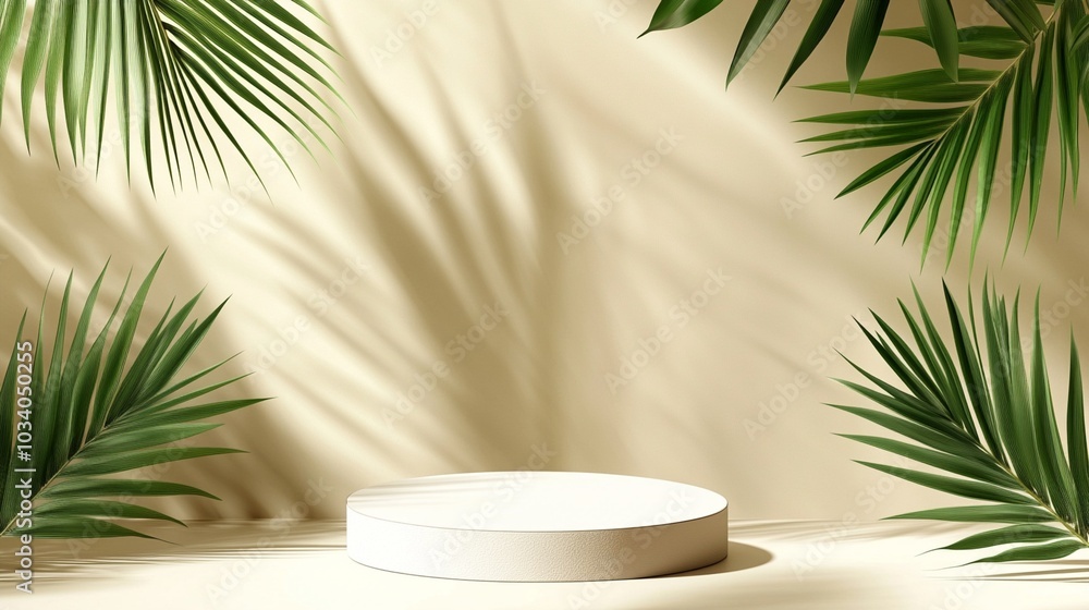 Minimalist product display podium with tropical palm leaves casting shadows on beige background, creating a serene and exotic atmosphere. Minimalist product display podium with tropical palm leaves casting shadows on beige background, creating a serene and exotic atmosphere.