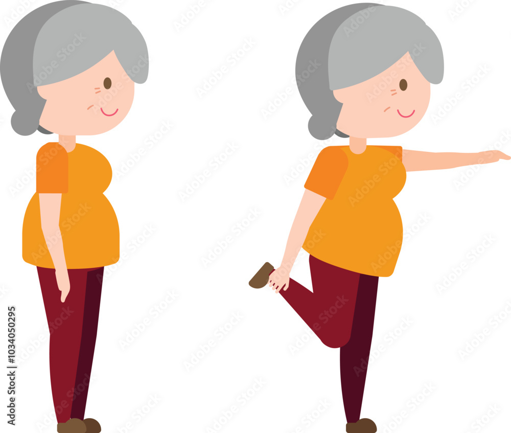 Illustration old woman exercise - Leg Backward Fold and Hold Illustration old woman exercise - Leg Backward Fold and Hold