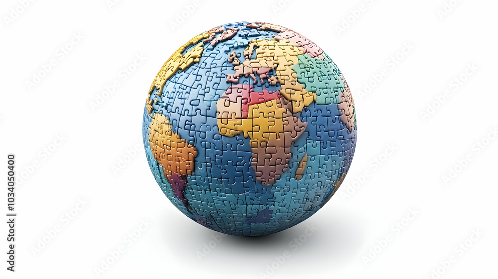 3D Levitating Policy Puzzle Globe Concept - Close Up of Interlocking Puzzle Pieces Rotating on White Background, Showcasing Global Policy Areas Across Continents in Stunning Detail 3D Levitating Policy Puzzle Globe Concept - Close Up of Interlocking Puzzle Pieces Rotating on White Background, Showcasing Global Policy Areas Across Continents in Stunning Detail