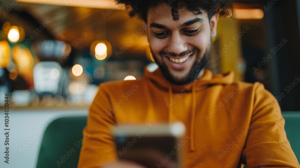 Smiling man using his smartphone while sitting in a cafe. Smiling man using his smartphone while sitting in a cafe.