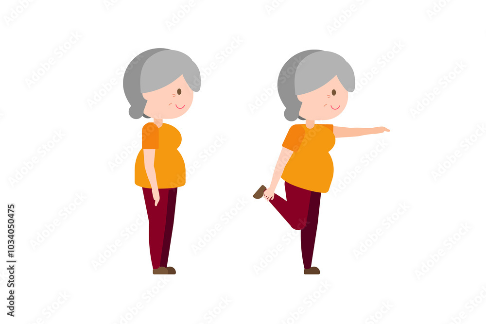 Illustration old woman exercise - Leg Backward Fold and Hold Illustration old woman exercise - Leg Backward Fold and Hold