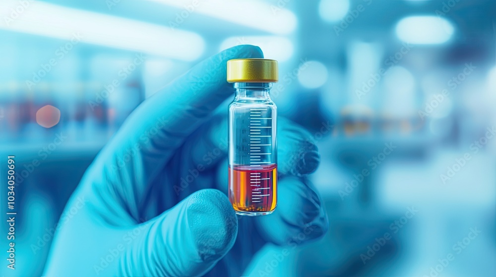 A hand in a blue glove holds a small glass vial containing liquid, set against a blurred laboratory background. A hand in a blue glove holds a small glass vial containing liquid, set against a blurred laboratory background.