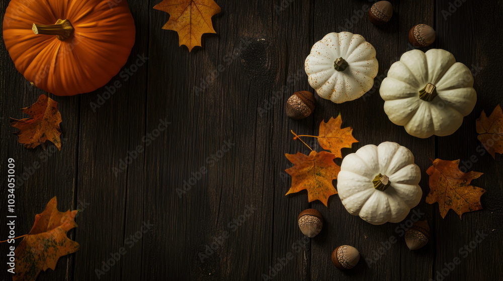 Rustic Thanksgiving Still Life with White and Orange Pumpkins, Fall Leaves, and Acorns on a Dark Wooden Table Rustic Thanksgiving Still Life with White and Orange Pumpkins, Fall Leaves, and Acorns on a Dark Wooden Table