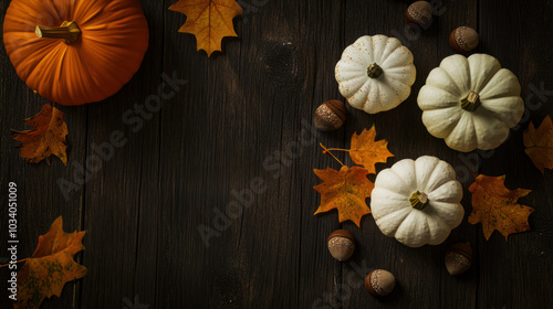 Rustic Thanksgiving Still Life with White and Orange Pumpkins, Fall Leaves, and Acorns on a Dark Wooden Table