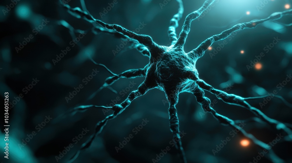Microscopic close-up of neurons with glowing dendrites transmitting signals with copy space Microscopic close-up of neurons with glowing dendrites transmitting signals with copy space