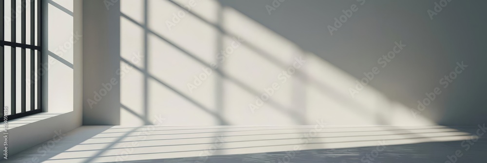 Fototapeta premium Sunlight streams through a window, casting abstract shadows on a white wall.