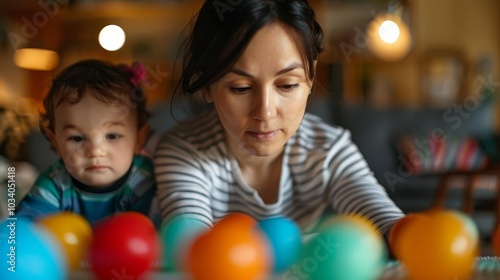 Mother playing with her children at home, capturing family moments, love, and playful interactions with copy space
