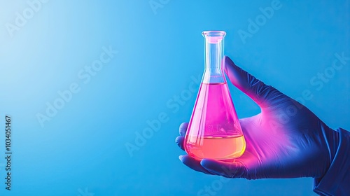 A gloved hand holds a colorful laboratory flask containing vibrant pink and orange liquid against a blue backdrop. photo