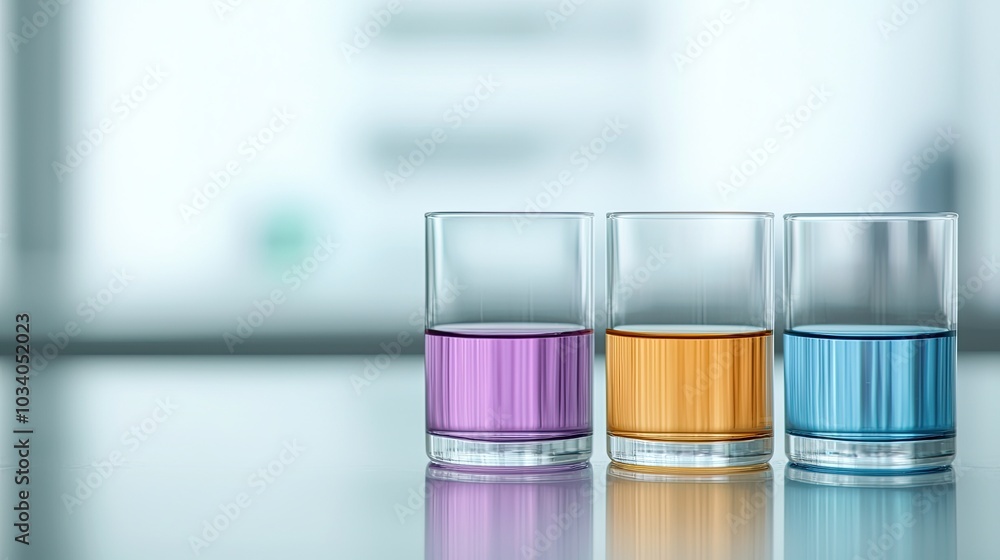 Three glasses with vibrant liquids—purple, orange, and blue—set against a blurred background, creating a visually appealing and colorful composition. Three glasses with vibrant liquids—purple, orange, and blue—set against a blurred background, creating a visually appealing and colorful composition.
