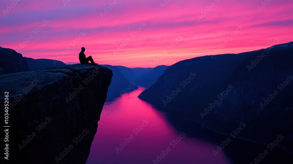 Person sitting on a cliff at dawn, contemplating new possibilities Person sitting on a cliff at dawn, contemplating new possibilities