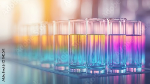 A line of clear glasses filled with colorful water, displaying a gradient of hues from orange to blue, set against a soft background.