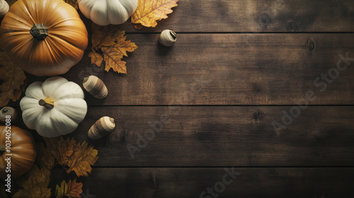 Rustic Thanksgiving Still Life with White and Orange Pumpkins, Fall Leaves, and Acorns on a Dark Wooden Table