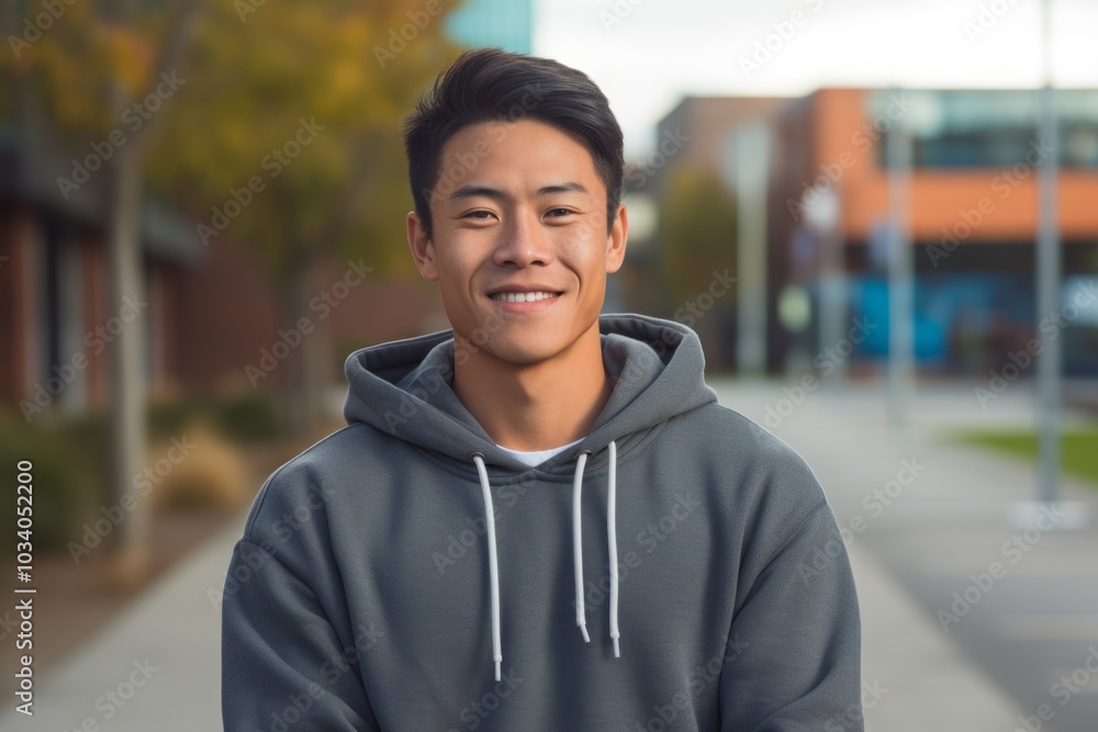 Portrait of a smiling asian man in his 20s wearing a zip-up fleece hoodie in front of modern university campus background Portrait of a smiling asian man in his 20s wearing a zip-up fleece hoodie in front of modern university campus background
