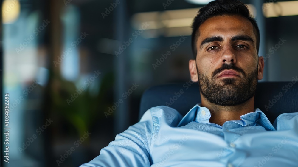 Portrait of a businessman sitting in an office, highlighting professionalism, focus, and corporate environment with copy space Portrait of a businessman sitting in an office, highlighting professionalism, focus, and corporate environment with copy space