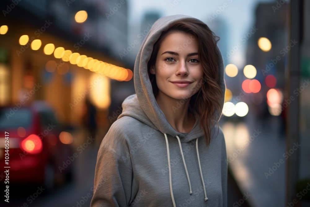Portrait of a merry woman in her 30s sporting a comfortable hoodie isolated in bustling city street background Portrait of a merry woman in her 30s sporting a comfortable hoodie isolated in bustling city street background