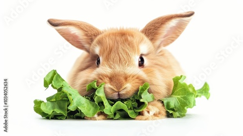 Cute brown bunny rabbit eating fresh green lettuce on white background. photo