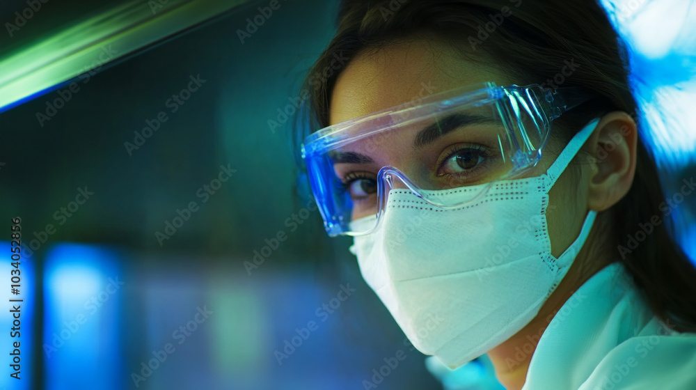 A healthcare worker in a face mask and protective goggles, focused on tasks in a medical facility during the ongoing health crisis A healthcare worker in a face mask and protective goggles, focused on tasks in a medical facility during the ongoing health crisis