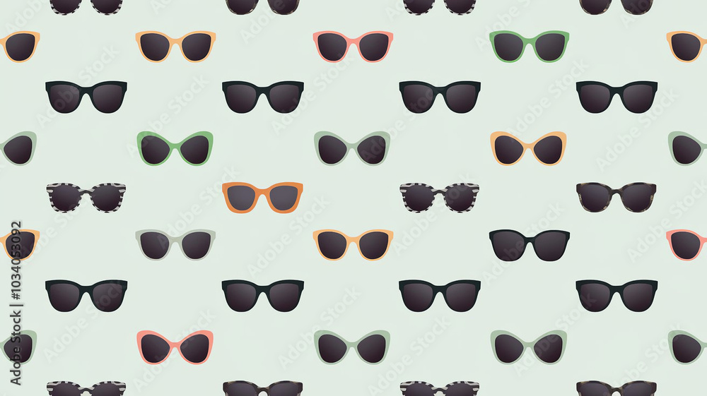 Fototapeta premium This image features a seamless pattern of various stylish sunglasses on a light mint green background, creating a trendy and fashionable design.