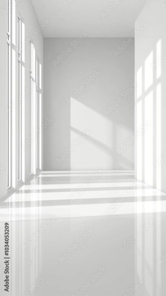 Sunlight streams through tall windows, casting geometric shadows across a pristine white interior, creating a serene and minimalist architectural space. Sunlight streams through tall windows, casting geometric shadows across a pristine white interior, creating a serene and minimalist architectural space.