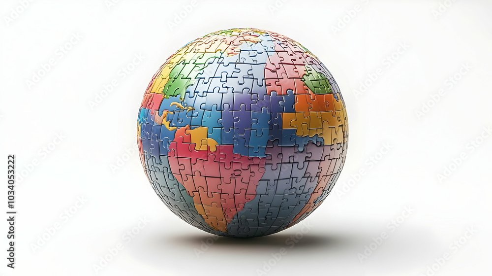 3D Levitating Policy Puzzle Globe Concept - Close Up of Interlocking Puzzle Pieces Hovering and Rotating Over White Background, Showcasing Global Policy Areas 3D Levitating Policy Puzzle Globe Concept - Close Up of Interlocking Puzzle Pieces Hovering and Rotating Over White Background, Showcasing Global Policy Areas