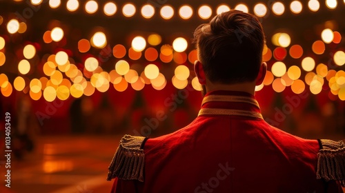 A man in a red coat stands in front of a string of lights. photo