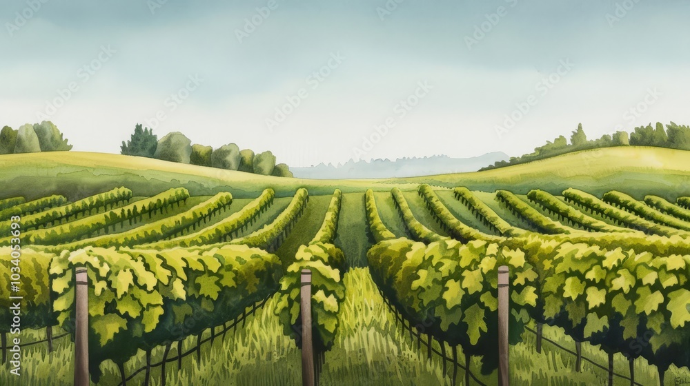 Expansive vineyard rows with lush green vines under a cloudy sky. Expansive vineyard rows with lush green vines under a cloudy sky.