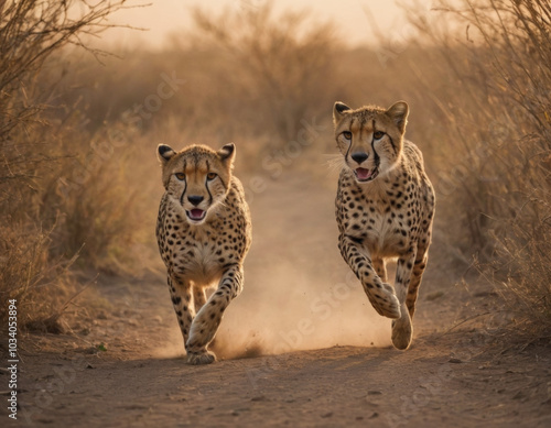 Two cheetahs running swiftly across a dusty trail in golden light during sunset. Generative AI