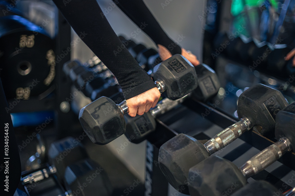 Naklejka premium Young woman in the gym. Dumbbells in gym workout. Gym.