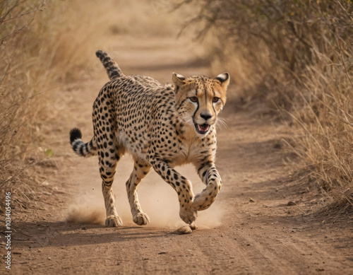 Cheetah sprinting along a dusty path in the savannah during the golden hour. Generative AI