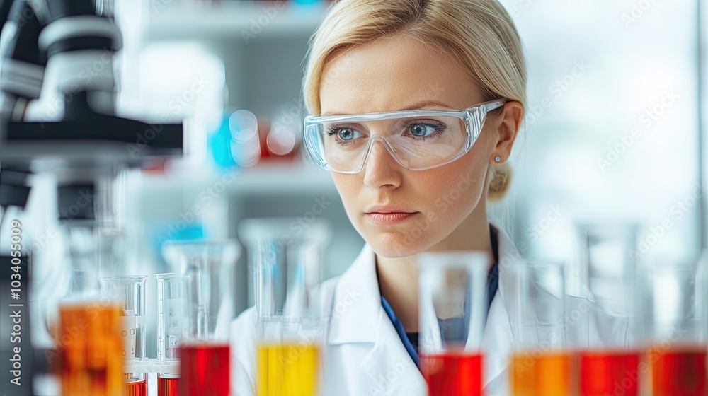 A focused scientist observes colorful liquids in test tubes, wearing protective eyewear, in a bright laboratory setting. A focused scientist observes colorful liquids in test tubes, wearing protective eyewear, in a bright laboratory setting.