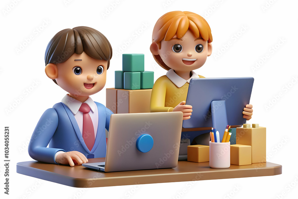 Kids Managing Toy Logistics Office: Two Focused Children Organizing Toys with Laptops and Charts, Showcasing Financial Skills in a Glossy Background � Stock Photo Concept Kids Managing Toy Logistics Office: Two Focused Children Organizing Toys with Laptops and Charts, Showcasing Financial Skills in a Glossy Background � Stock Photo Concept