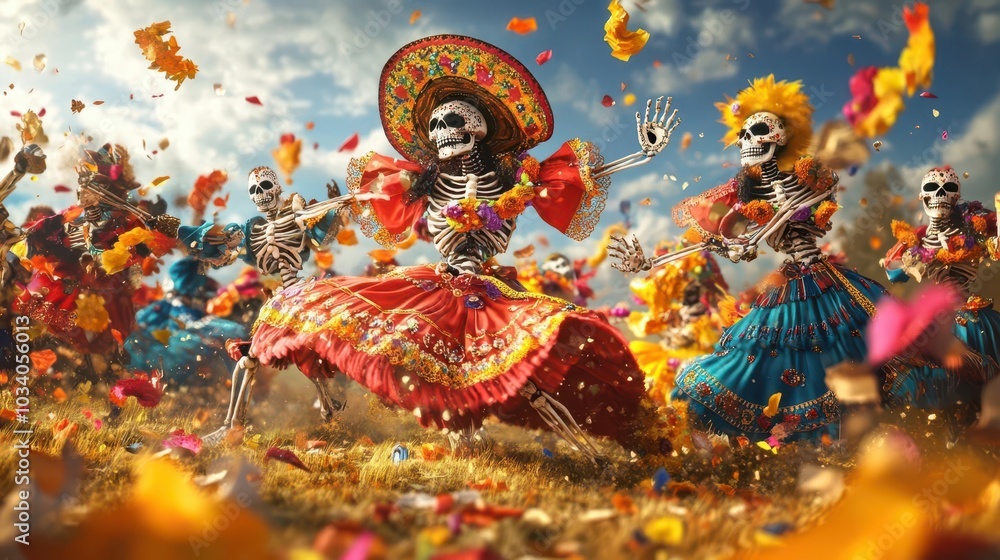Skeletons in colorful costumes dance and celebrate in a field of vibrant flowers. Skeletons in colorful costumes dance and celebrate in a field of vibrant flowers.