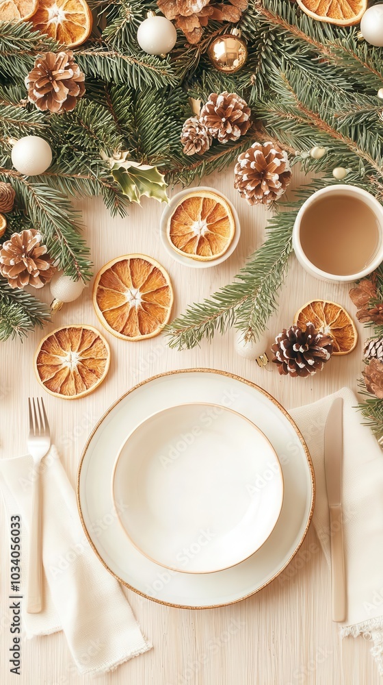 A Christmas table setting with organic A Christmas table setting with organic